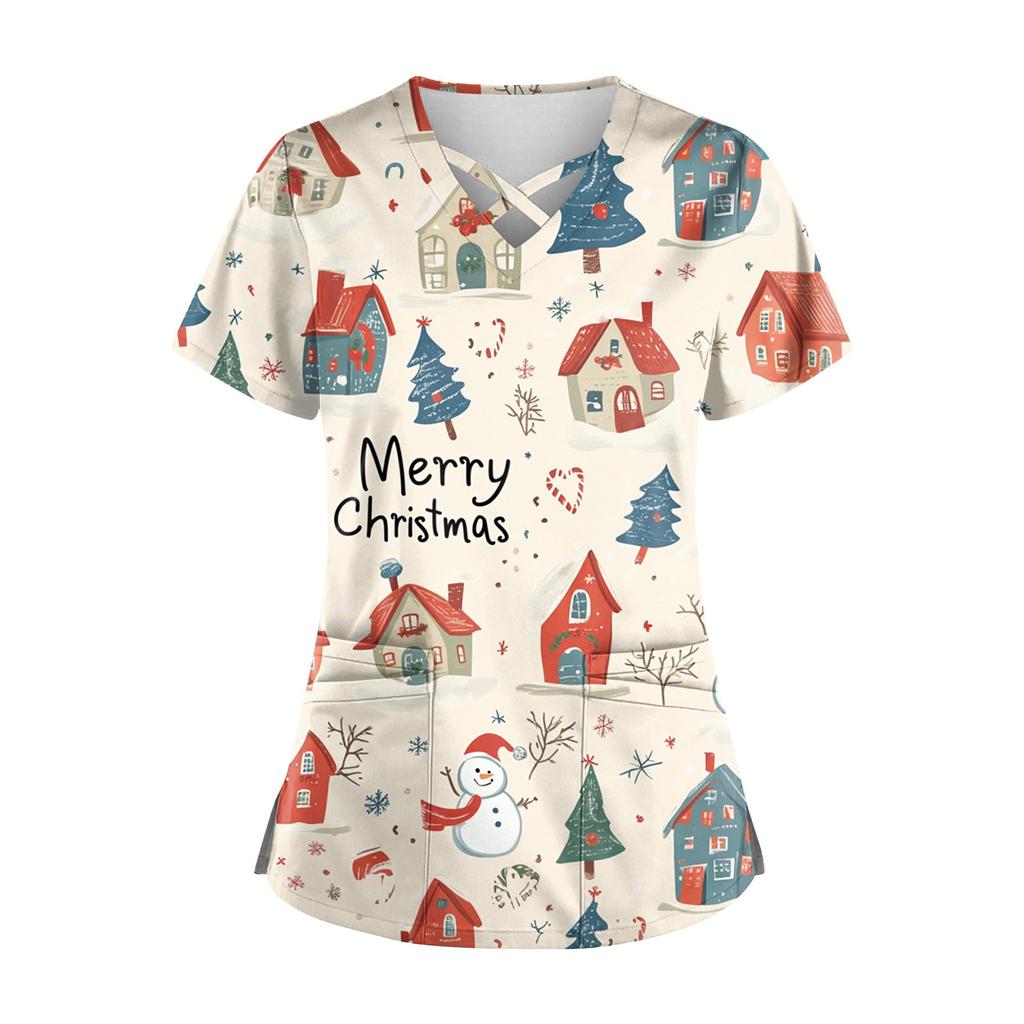 Women's Short Sleeve Stagger V Neck Christmas Print Pocket Dry-nurse Top