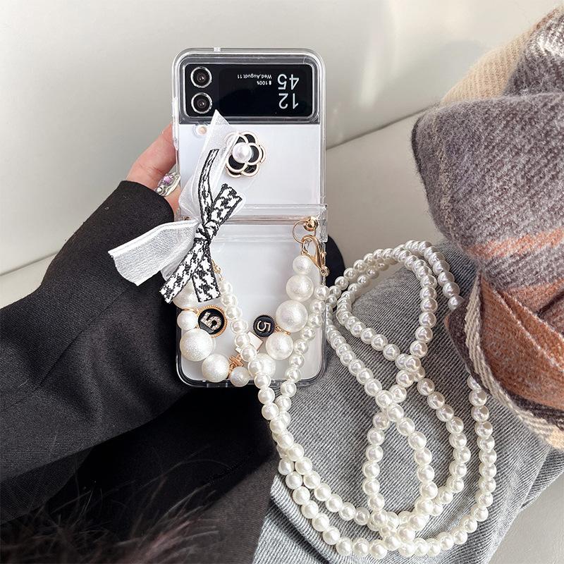 Прозрачный чехол для телефона в стиле Ins для Samsung Zflip6 Складной экран Флип W24flip Жемчужная ручная цепочка Цветок