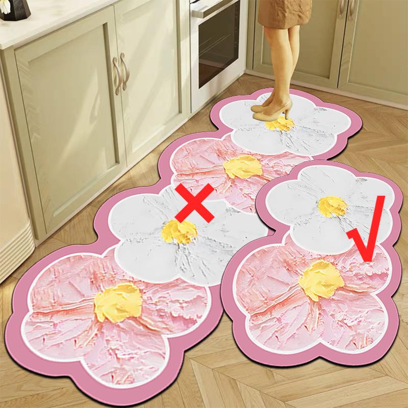 Oil Painting Flower Kitchen Oil-absorbent And Dirt-resistant Floor Mat Bathroom Toilet Absorbent Non-slip Floor Mat