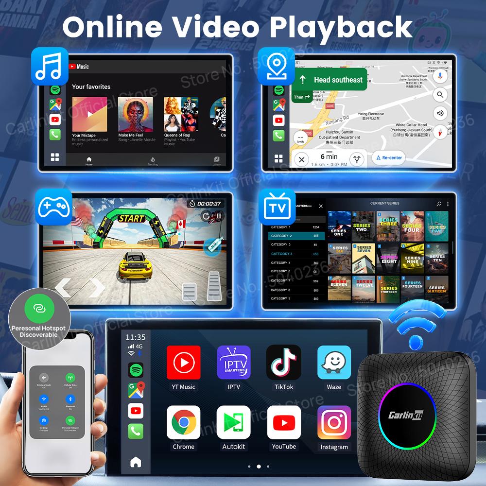 CarlinKit LED Android 13 ТВ-бокс SM6225/SDM660 8-ядерный Беспроводной CarPlay и Android Auto AI Box Поддержка GPS Netflix/IPTV/TF/SIM-карты
