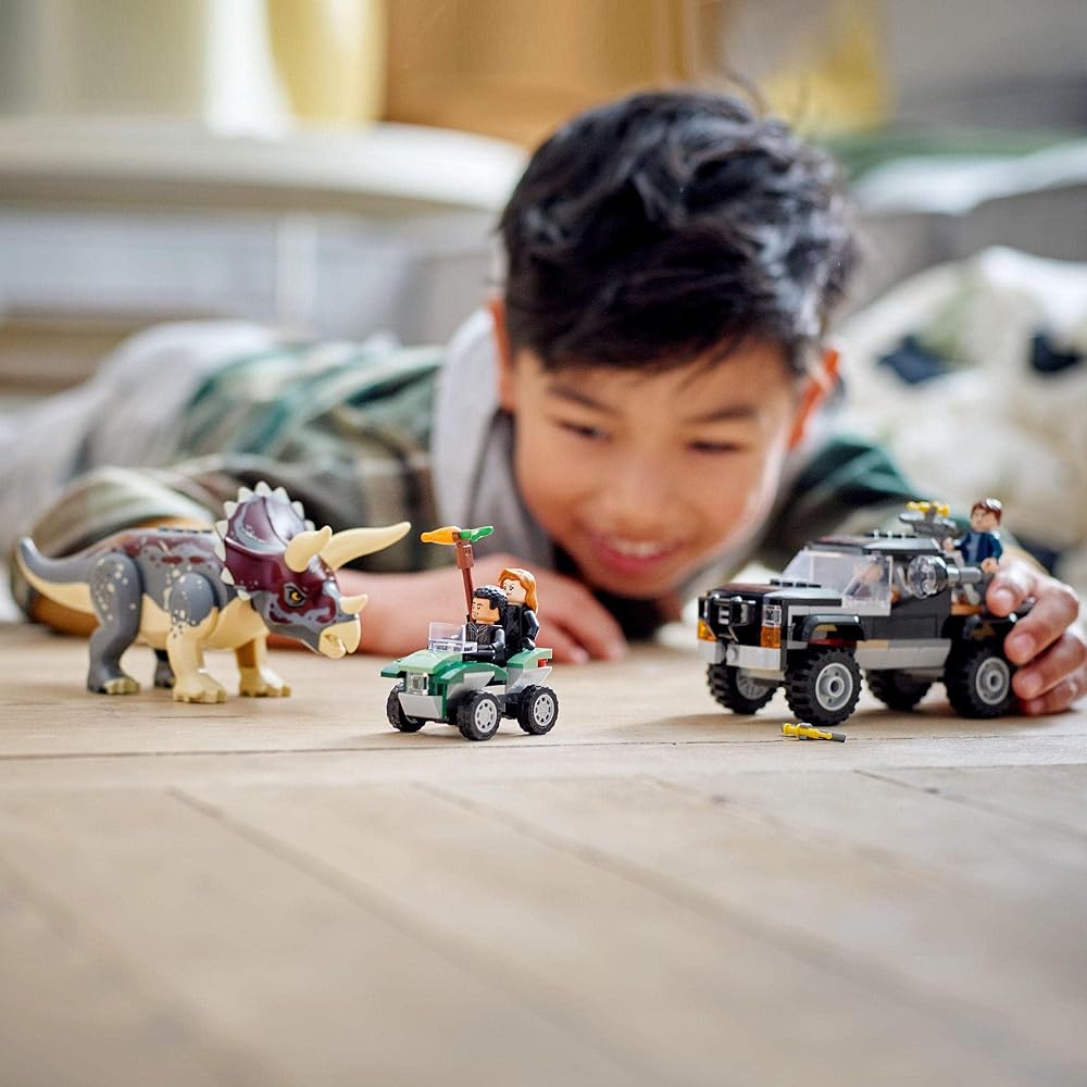 LEGO Jurassic World Triceratops Truck Ambush Building Set Toy for Kids Age 7 and Up