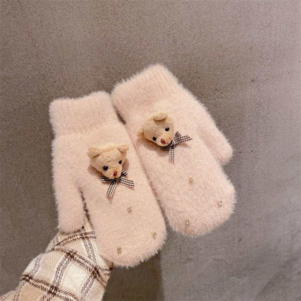 Утолщенные плюшевые перчатки с бантом, варежки с полными пальцами, милые перчатки, креативные студенческие вязаные перчатки, женские