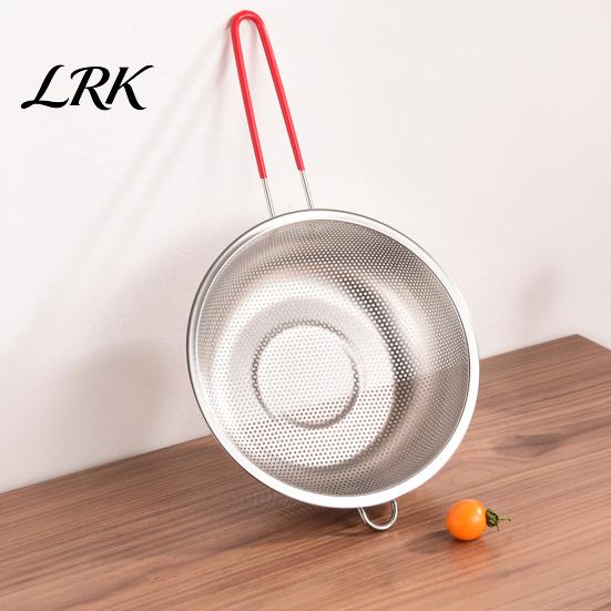 Easy Clean Food Colander Stainless Steel Rice Washing Basket, Red Handle Fine Kitchen Drain Basket Mesh Strainer, Heat-Insulating for Fruit Vegetable
