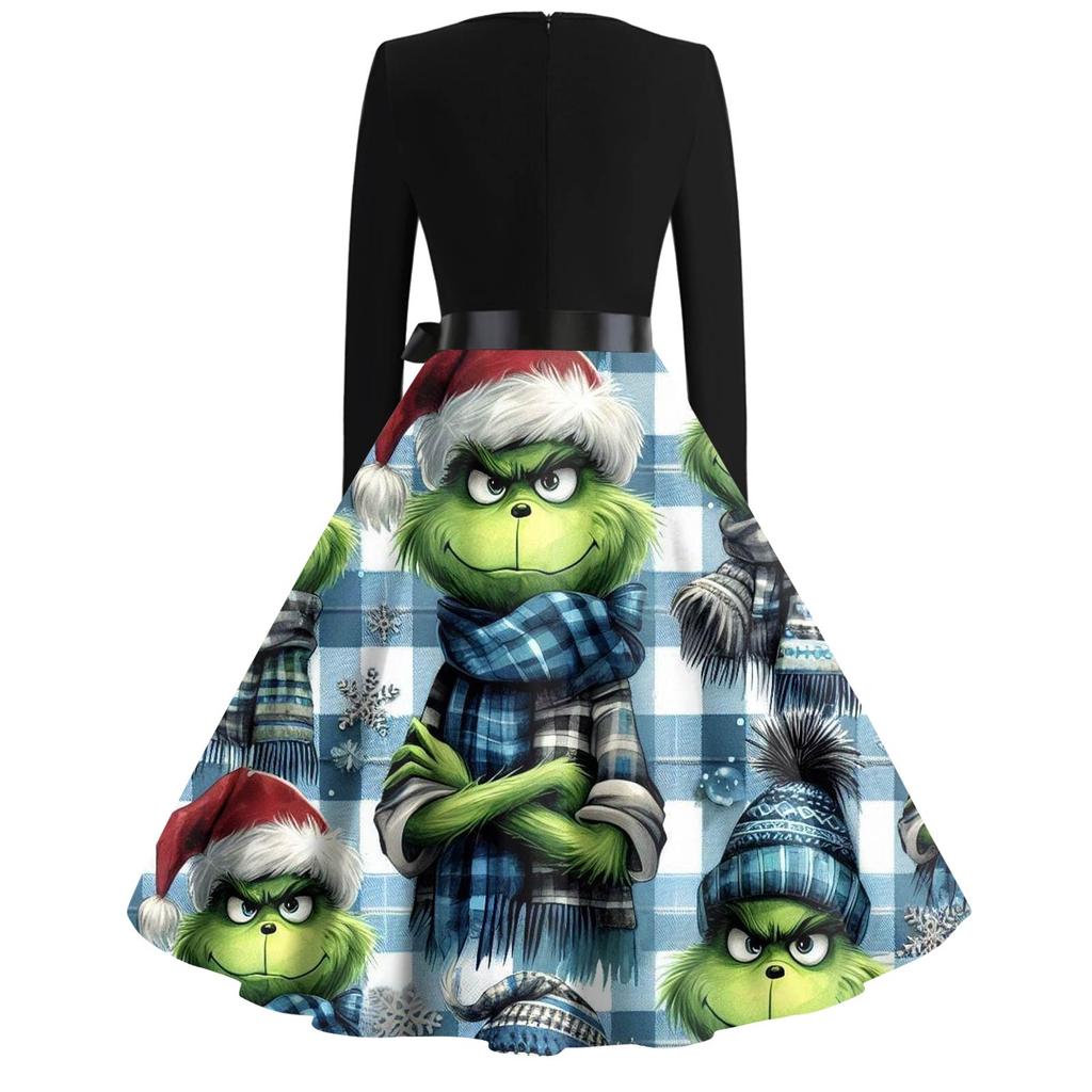 Women's Fashion V-neck Casual Slim-fit Christmas Print Long-sleeved Dress