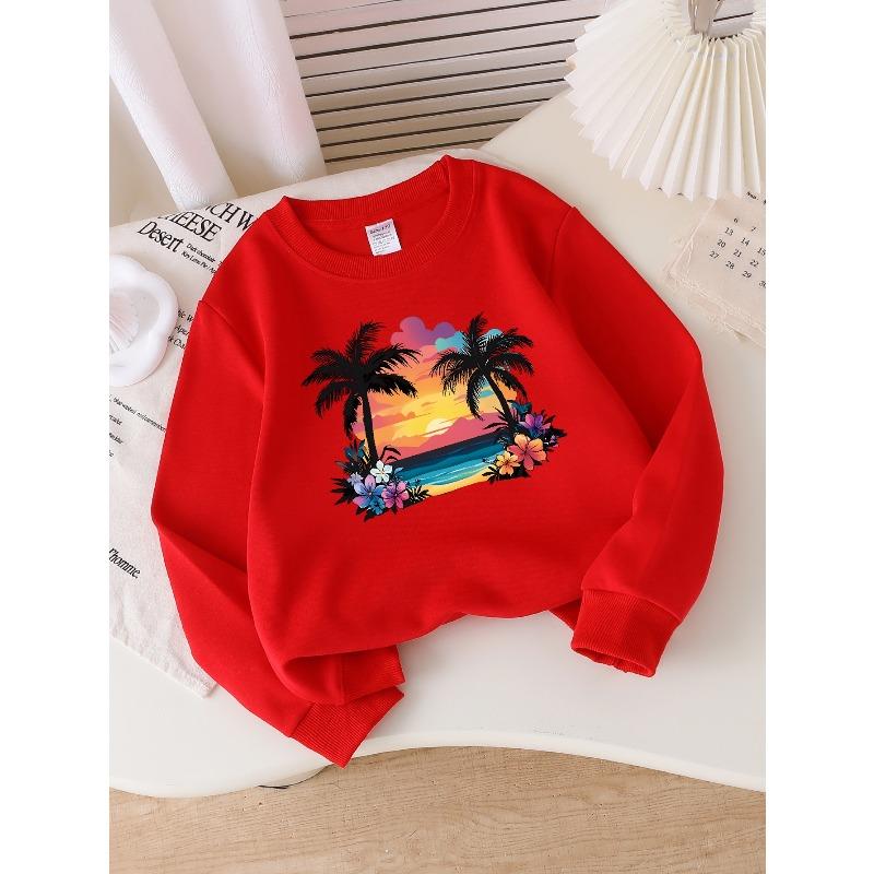 Classic Girls' Fashionable Cute Crewneck SweatshirtTropical Sunset Palm Beach Flowers Ocean Sky Long-sleeved Design, Versatile and Durable