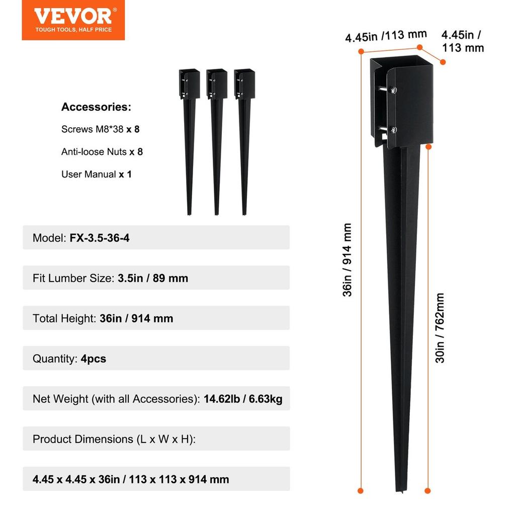 Fence Post Anchor Ground Spike, 4 Pack 36 x 4 x 4 Inches Outer Diameter (Inner Diameter 3.5 x3.5 Inches), Metal Black Powder Coated Post Stake Ground,
