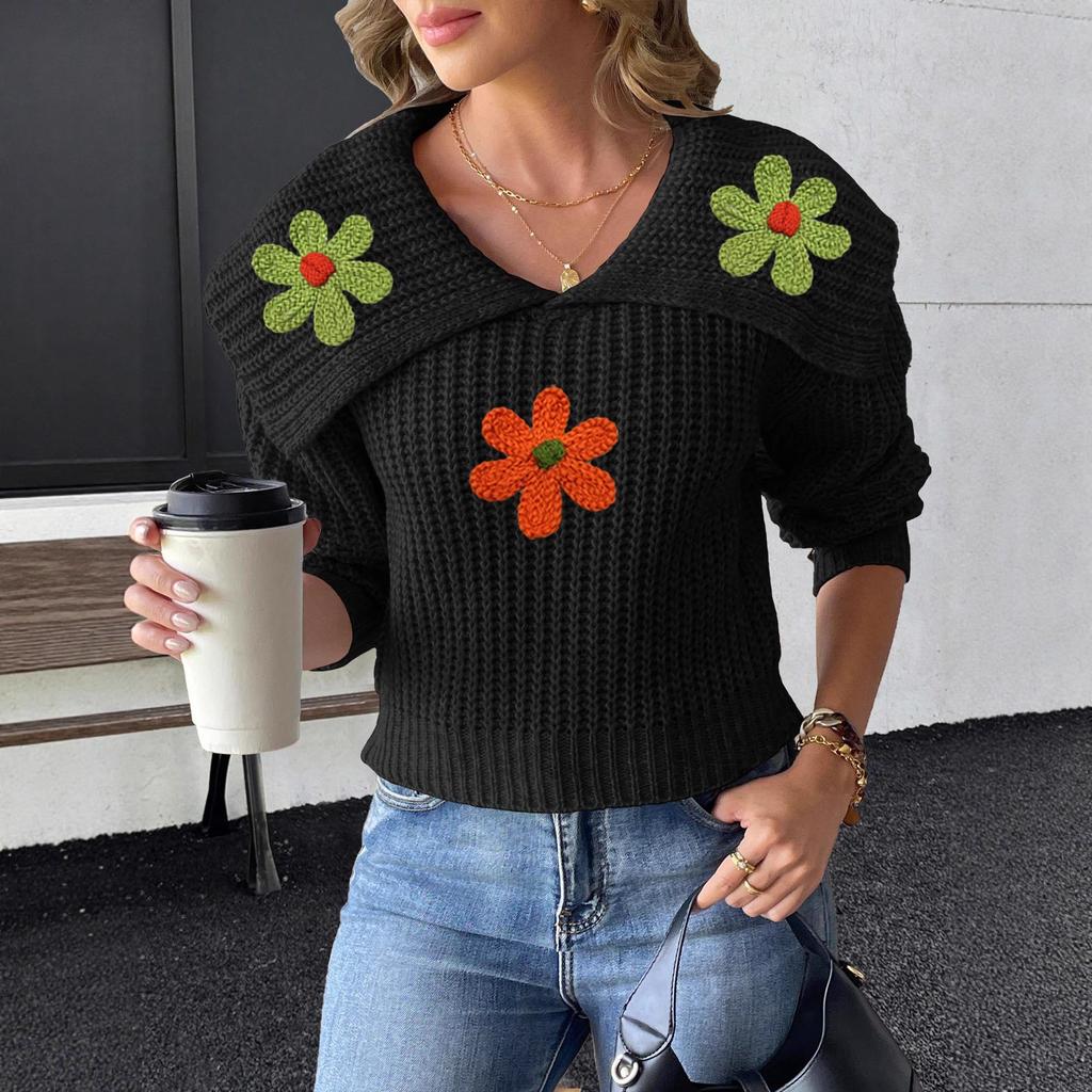 Short Top, Sweater, Large Lapel, Embroidered Flower Patchwork Pullover Sweater for Women