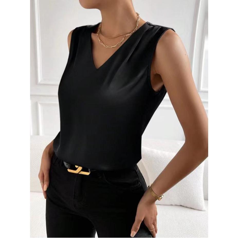 Women's Elegant Chic V-neck Vest for Summer Vacation Solid Color Versatile Sleeveless Shirt for Women Blouses & Shirts