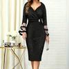 Women Party Dress Mesh Patchwork Low-cut V Neck Knee Length Slim Fit Sheath Long Flared Sleeve Solid Color Tight Waist Lady Prom Banquet Dress