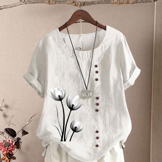 Женская летняя футболка с короткими рукавами и круглым вырезом, пуловер с пуговицами, декор с цветочным принтом, винтажный стиль, женский топ