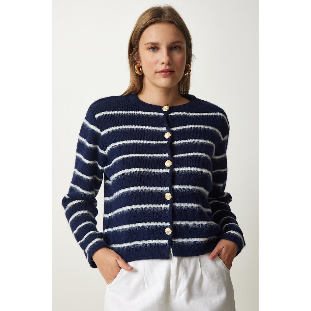 Женский костяной черный стильный трикотажный кардиган в полоску на пуговицах Pf00051