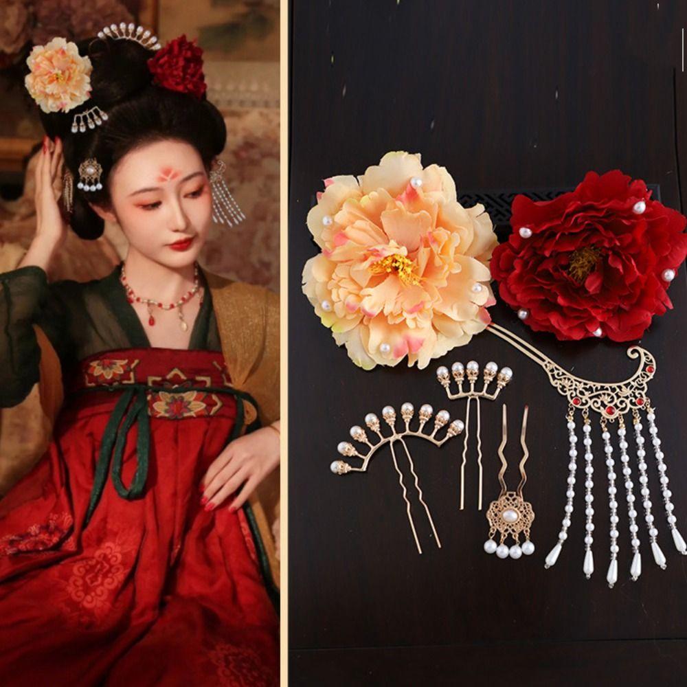 1 комплект жемчужных шпилек династии Тан, китайский стиль, цветок, гребень для волос, ретро, старинные украшения для волос