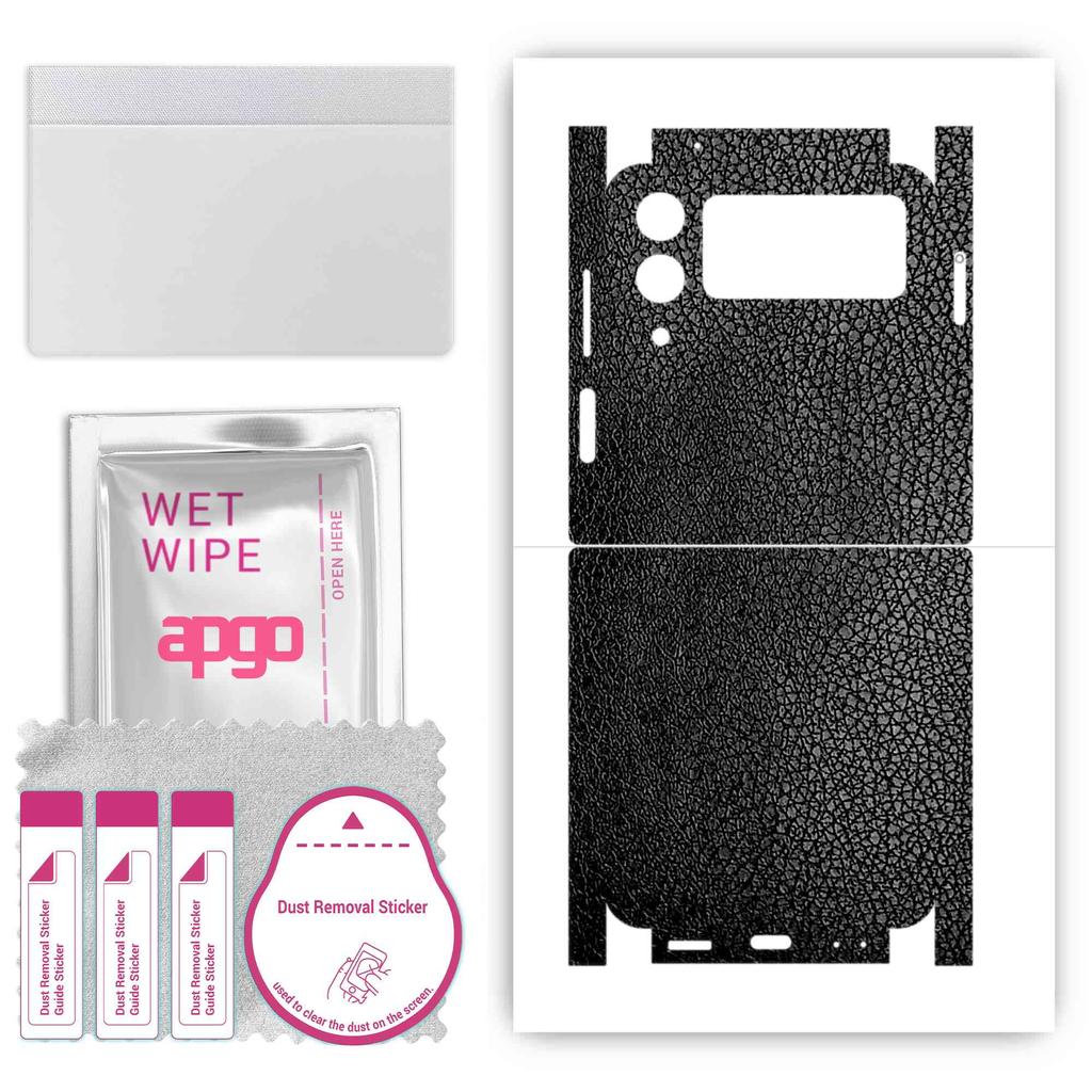 apgo Protective Skin Sticker for the Back+sides Compatible with Samsung Galaxy Z Flip4, Full Wrap Film, Foil, Vinyl - Pattern Black Leather