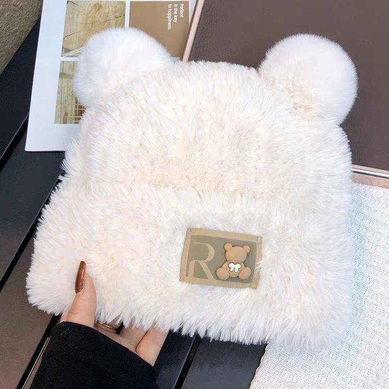 Cute Bear Plush Hat Women's Winter Warm Wool Hat Shows a Small Face, Sweet Furry Ear Protector Knitted Hat