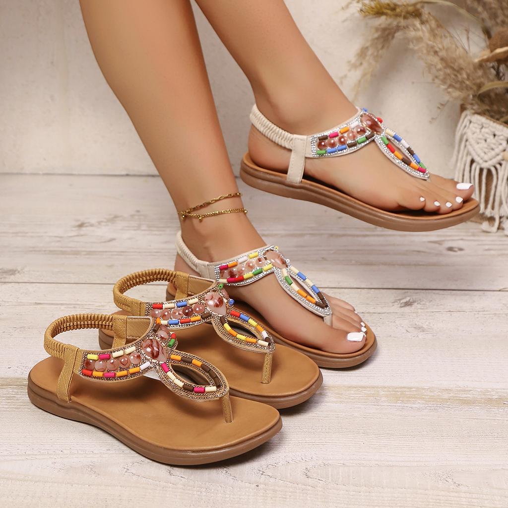 Fashion Summer New Boho Soft Sole Clip Toe Sandals Women's Fashion Round Toe Rhinestone Beaded Non-slip Wear Flat Roman Shoes