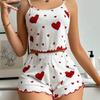 2 Pcs/Set Women Summer Pajamas Suit Adjustable Strap Sleeveless Heart Print Crop Top Shirring Edge High Waist Shorts Bedroom Sleepwear Set
