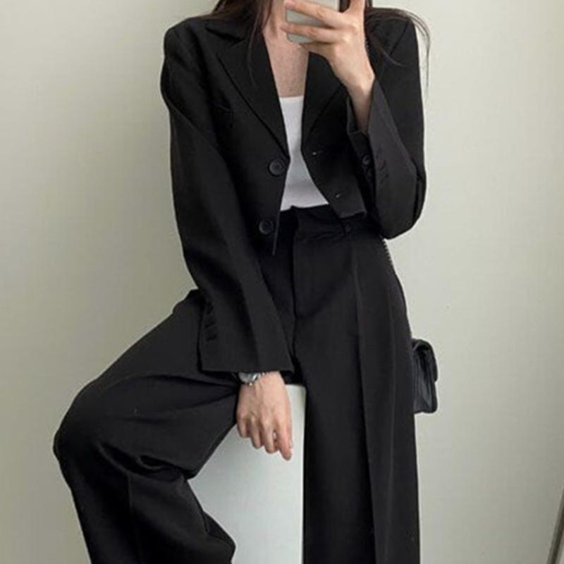 Two Piece Sets Women Outifits Fall Office Lady Pants Korean Blazer Suits Long Sleeve Fashion Coat Black High Waisted Pants