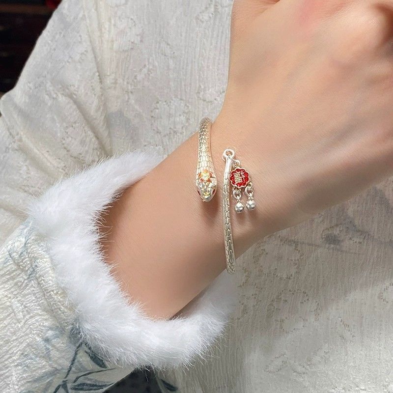 Новый Китайский Стиль Дух Цветущей Персиковой Ветви Змея Благословение Символ Замок Безопасности Изысканный Высококлассный Браслет Легкая Роскошь Ретро Стиль Наручные Украшения