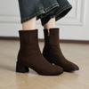 Autumn and Winter Side Zipper Medium Heel Large Size Women's Boots Solid Color Square Heel Round Head Suede Fashion Boots New Medium Boots Women