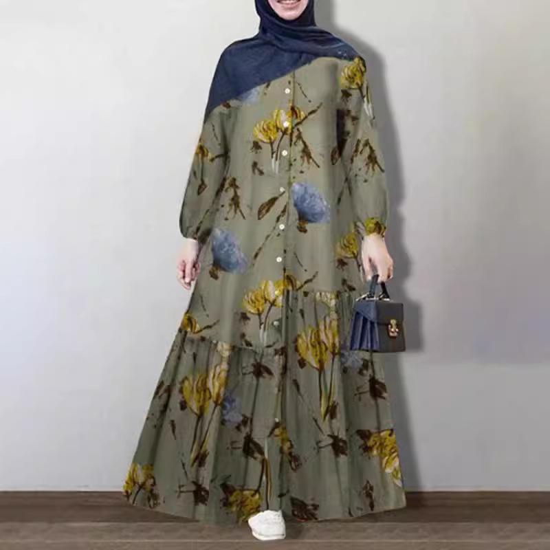 Retro Floral Print Long Sleeve Loose Dress - European & American Style 2024