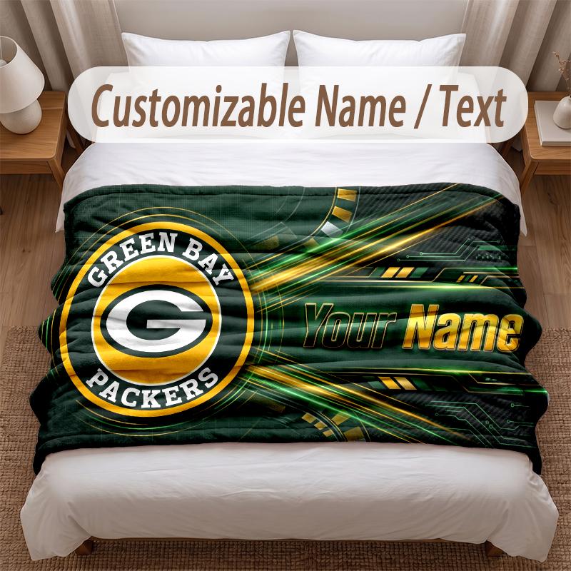 Green Bay Packers Printed Flannel Blanket Custom Name Text Soft Warm Throw For Bedroom Holiday Gift