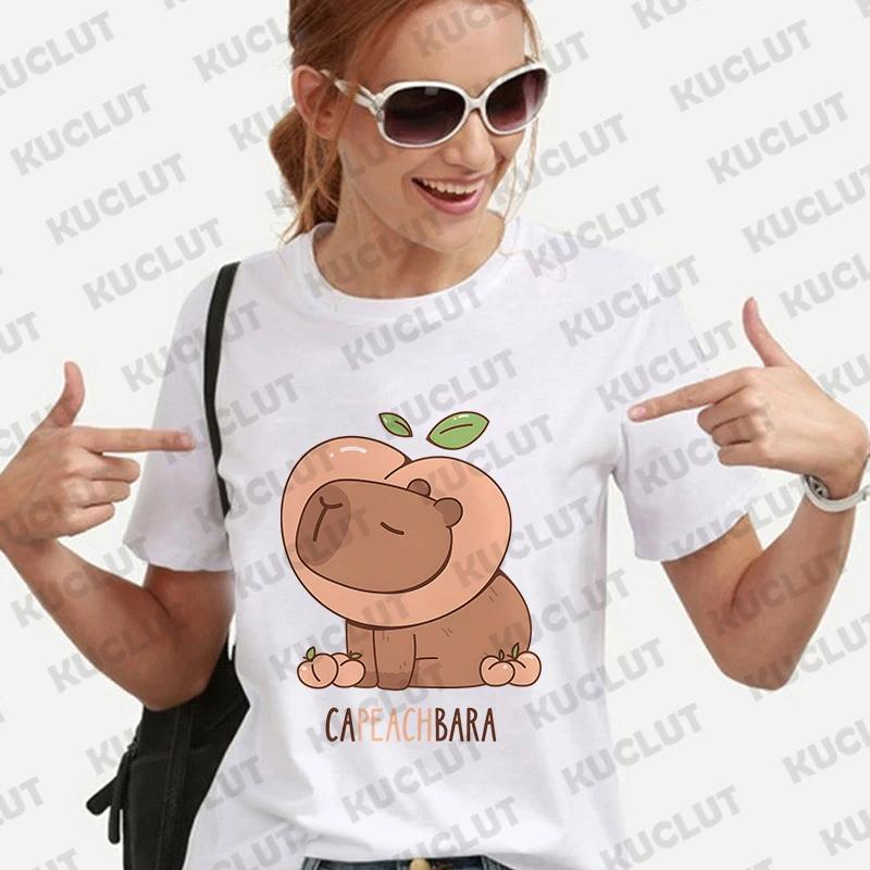 Cute Capybara Anime Women's T-shirt Casual Ulzzang Short Sleeve Tees Cartoon Graphic Y2K Tops Female Blouse Aesthetic Clothing