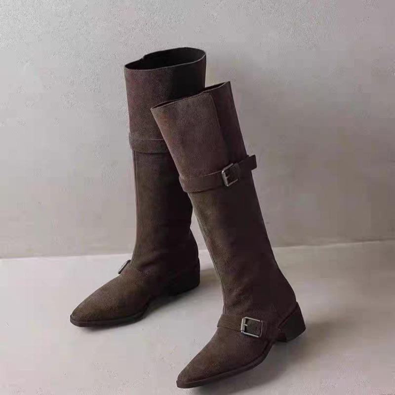 Мода Новый Стиль Мода Женские Высокий Каблук Западный Ковбой Сапоги до Колена Замша Женские Острый Носок Теплые Кнопки Длинный Сапог Zapatos Mujer