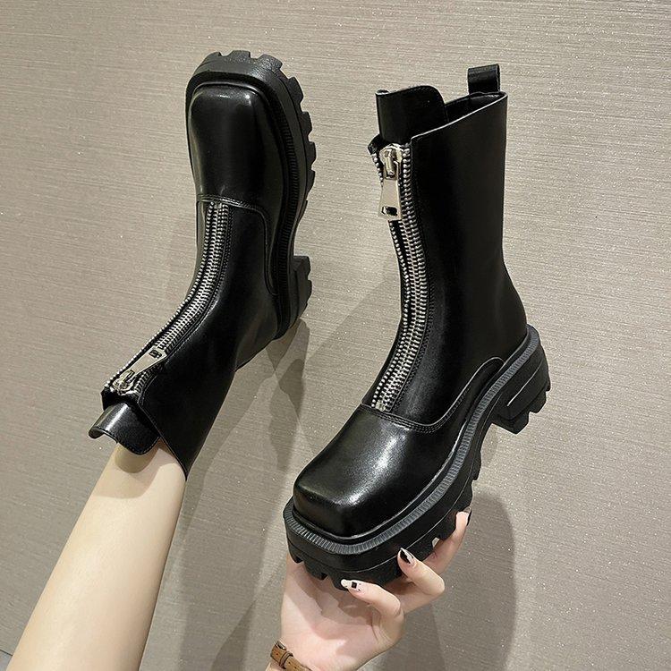 Brand Zipper Women Boots Square Toe Ladies Shoes Med Heels Platform Outwear Winter Leather Thicken Ankle Boots Botas De Mujer