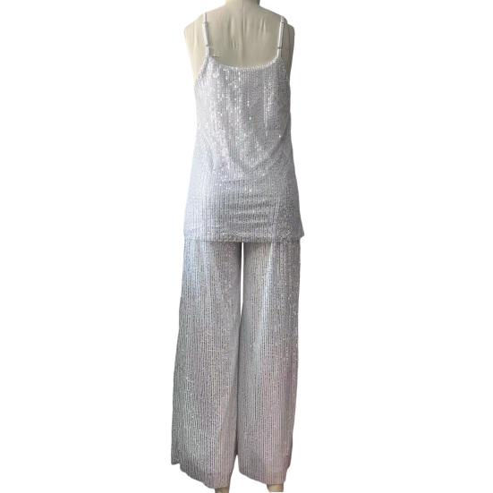 Women Sequin Two Piece Outfit Scoop Neck Sleeveless Cami Top Wide-leg Pants Set Evening Party Dressy Suit
