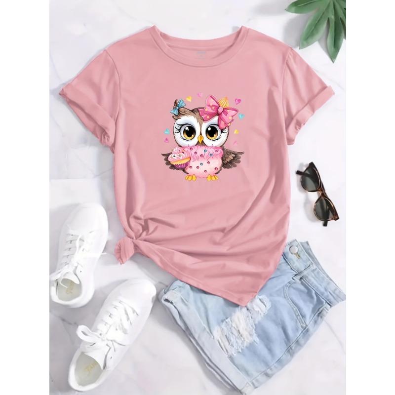 Футболка с милым принтом совы и круглым вырезом, повседневный топ с коротким рукавом для весны и лета, женская одежда