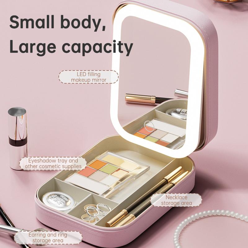 Makeup Storage Box with LED Light Mirror Portable Travel Makeup Cosmetics Storage Box Touch Light Storage Organizer