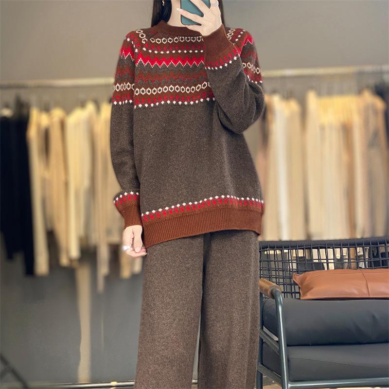 Женский шерстяной свитер в этническом стиле аргайл и комплект длинных брюк - Осенне-зимняя мода