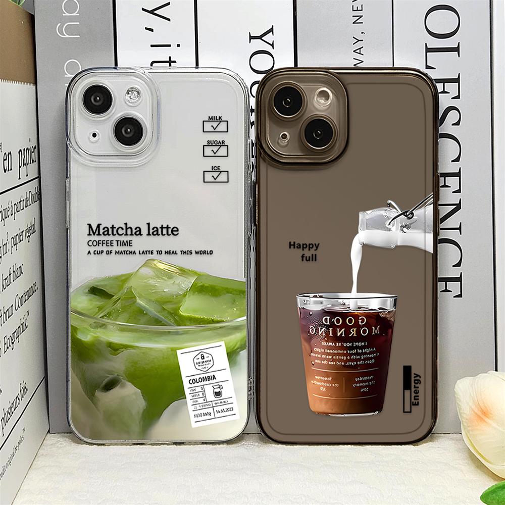 Забавный чехол для телефона с рисунком айс-кофе для IPhone 16 15 14 12 11 Pro 13 Max Mini XR X SE4 7 8 16 Plus Милый мультяшный маття-милк Прозрачная крышка