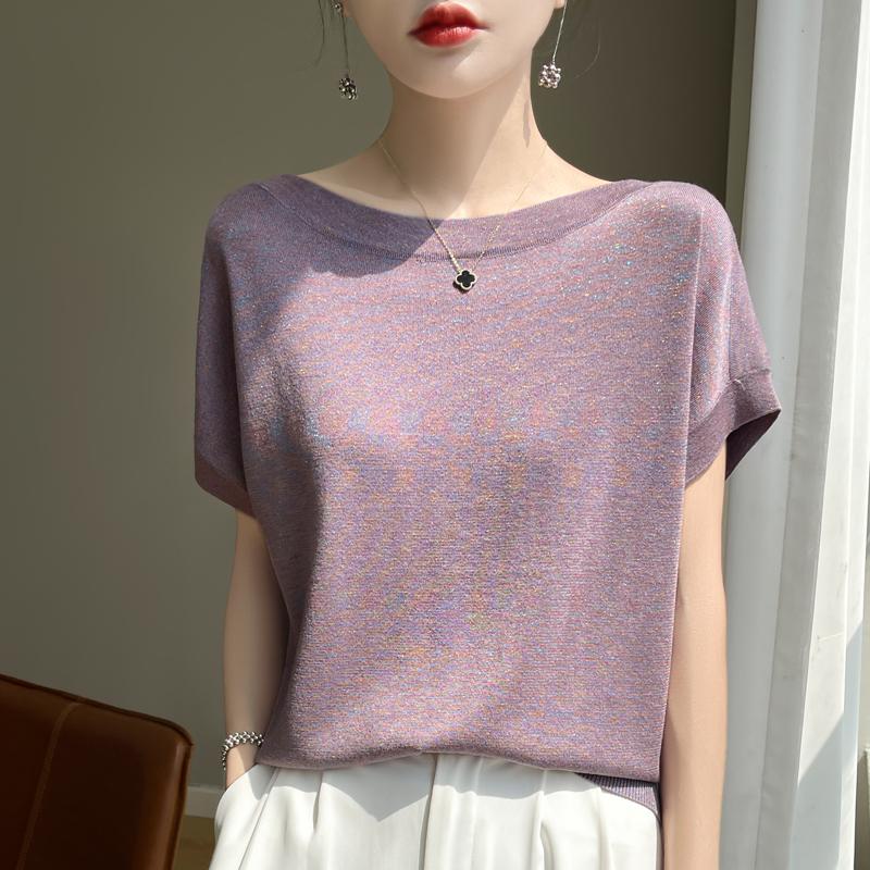 Women Knit T-shirt MODERN NEW SAGA Summer Knitted Shirt Short Sleeve Tees Slash Neck Pullover Knit Tops
