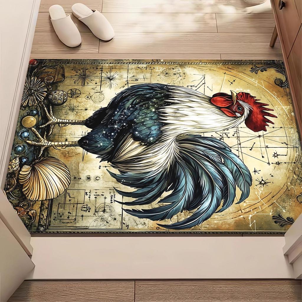 Vintage Rooster Art Crystal Velvet Rug Rustic Farmhouse Decor Living Room Floor Mat Antique Style Animal Print Home Decoration