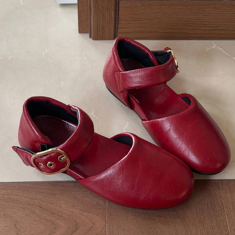 Модные туфли-лодочки на плоской подошве Red Mary Janes с пряжкой на ремне 2025 Весна Осень Новые Удобные Повседневные Плоские Туфли для Ходьбы