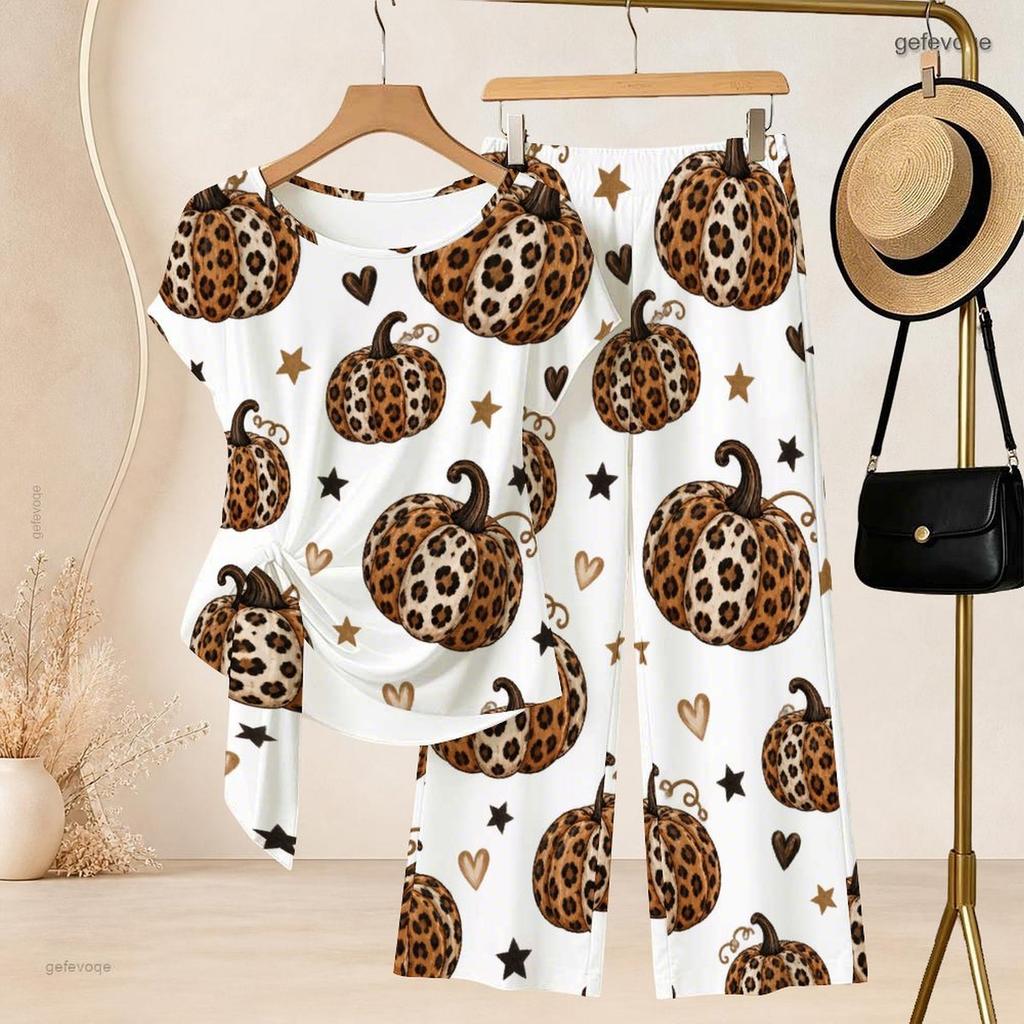 Women Plus Size White Round Neck Short Sleeve Printed Knot Hem Top And Long Pants Two Piece Set
