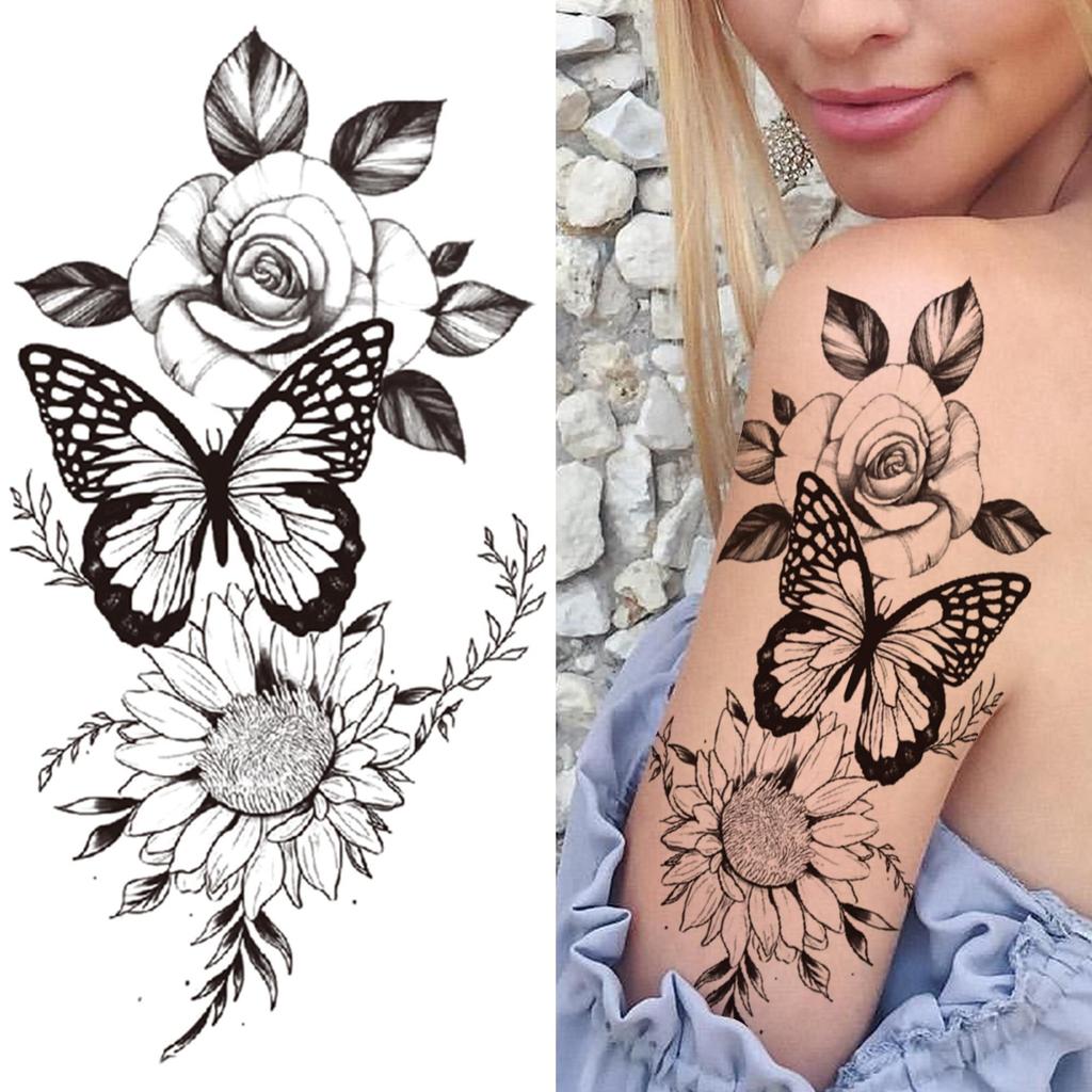 Сексуальная Временная Татуировка Цветы Для Женщин Девушек Взрослых Пион Черная Роза Татуировки Наклейка Поддельная Птица Душистый Горошек Листья Татуировки Боди-арт Рука