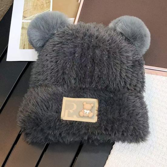 Women Knitted Hat Windproof Warm Solid Color Elastic Winter Hat Bear Ear Decor Cold Weather Plush Hat