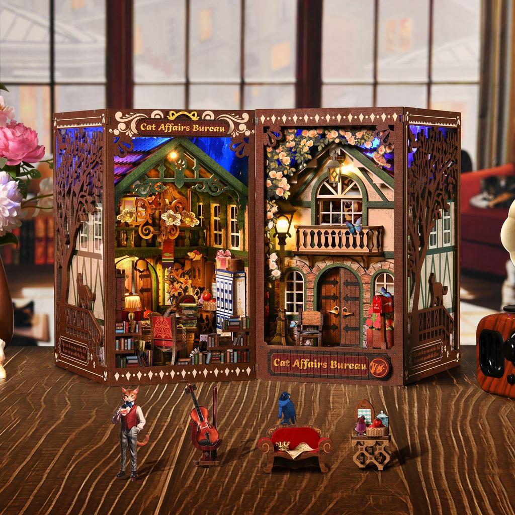 Twilight Cabin Bookends: DIY Wooden 3D Puzzle House Model, Handmade Building Blocks, Assembled Toy Gift.