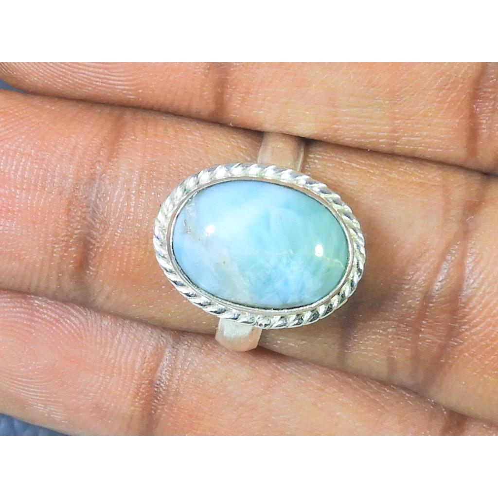 Natural Blue Larimar Solid 925 Sterling Silver Handmade Oval Ring Size US-7 MK-10