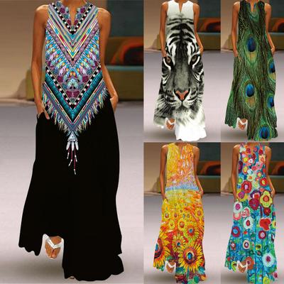 Винтажное свободное сексуальное винтажное платье макси с V-образным вырезом и карманами для путешествий