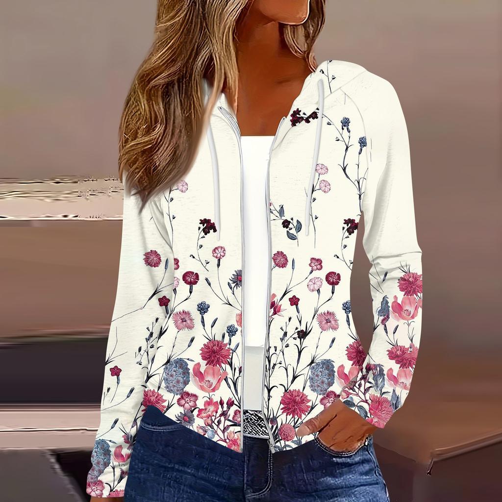 Women's Fashion Casual Zip Up Hooded Print Long Sleeve Sweatshirts Coat