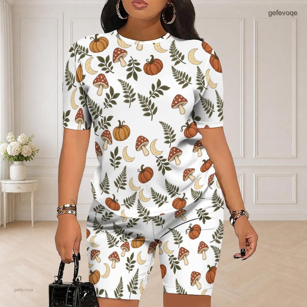 Women Plus Size Round Neck Short Sleeve Printed Top Fitted Shorts Two Piece Set