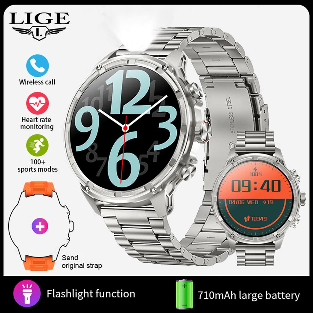 LIGE 2024 Новые военные умные часы 710 мАч светодиодный фонарик Bluetooth звонок мужские умные часы водонепроницаемые для спорта на открытом воздухе фитнес умный браслет