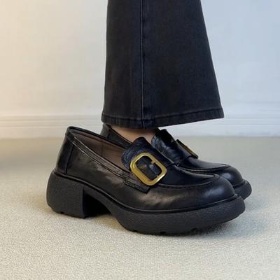 Овчина~ толстая подошва бесшумные женские ретро золотая пряжка стиль колледжа на одной педали натуральная кожа толстый каблук британские маленькие кожаные туфли