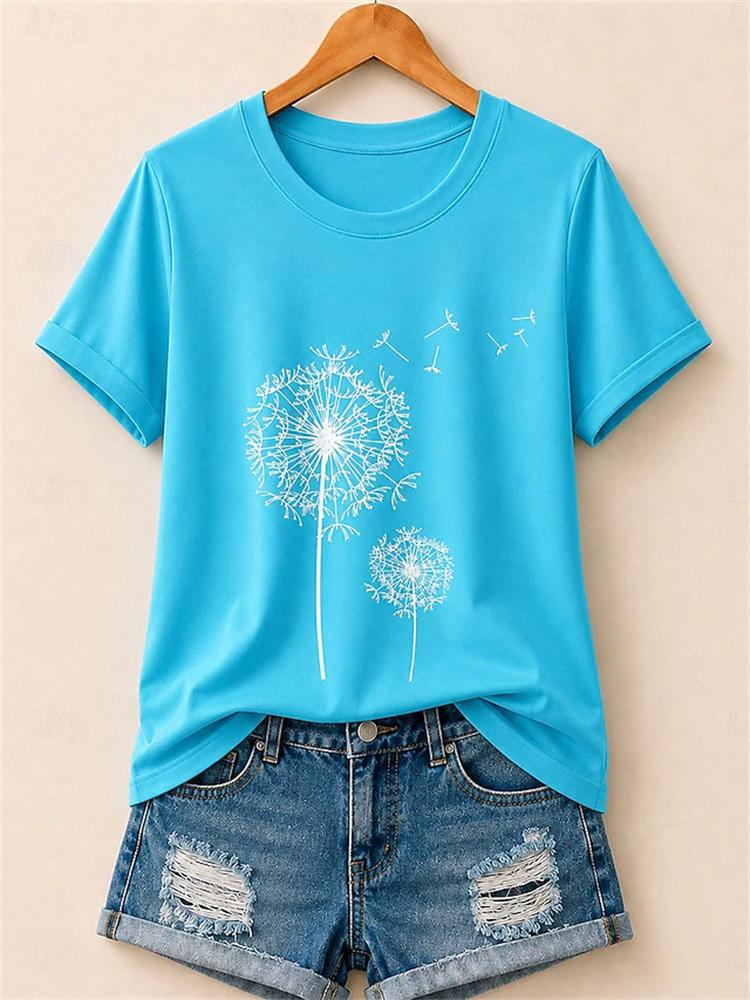 2026 Summer Minimalist Solidcolor Unisexs Tshirt Dandelion Print Crew Neck Shortsleeve Casual Streetwear Top For Unisex