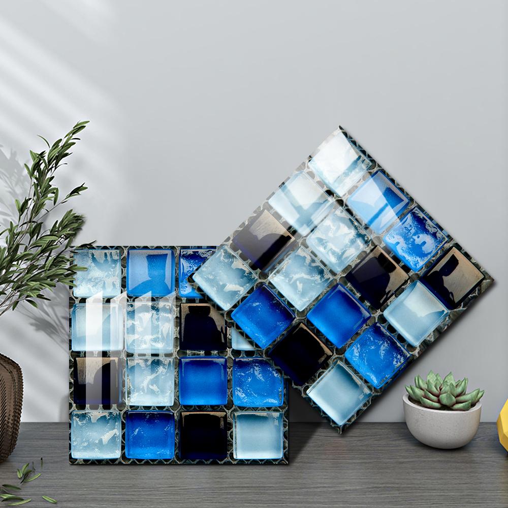 Flat Blue Tiles Mosaic Marble Wall Stickers Kitchen Wardrobe Stairs Home Decor Peel Stick Oilproof Waterproof Art Wall Decals