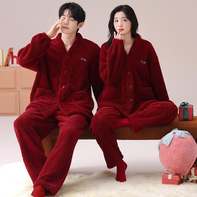Red Pajamas Women'S Autumn And Winter Flannel Coral Fleece Pajamas Men'S Festive Wedding Couple New Set