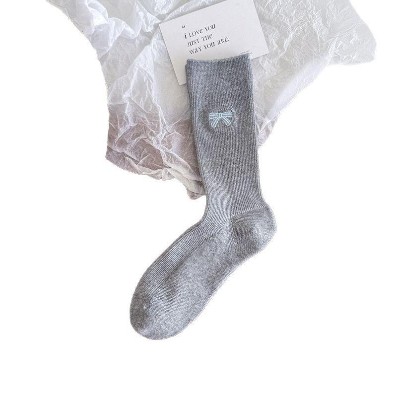Solid Color Style Double Needle Simple Stacked Socks Medium Tube Socks Girls' Stockings Embroidered Bow Boneless Vertical Strips